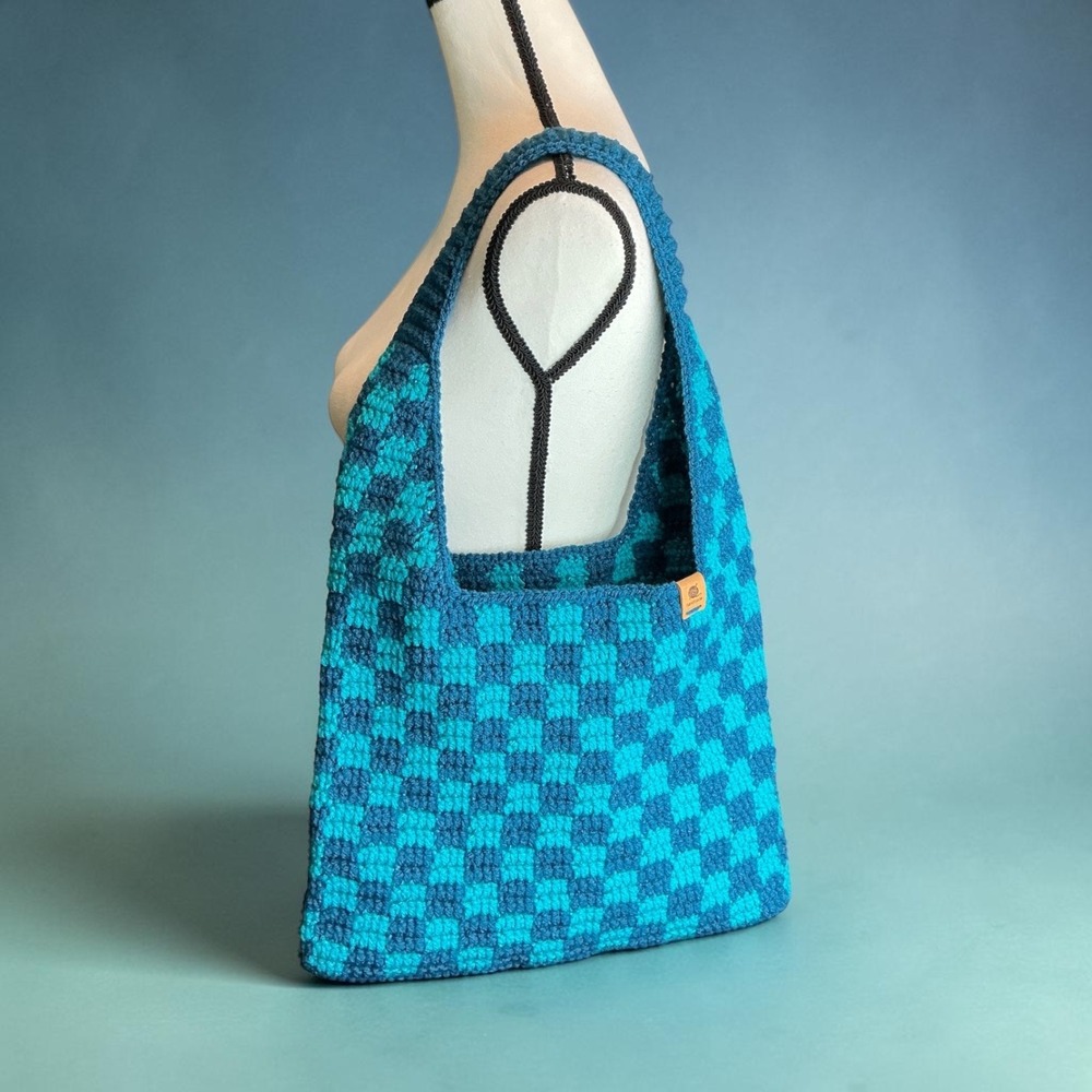 Handmade Teal Checkered Crochet Hobo Bag Women OS Bohemian Acrylic Tote
